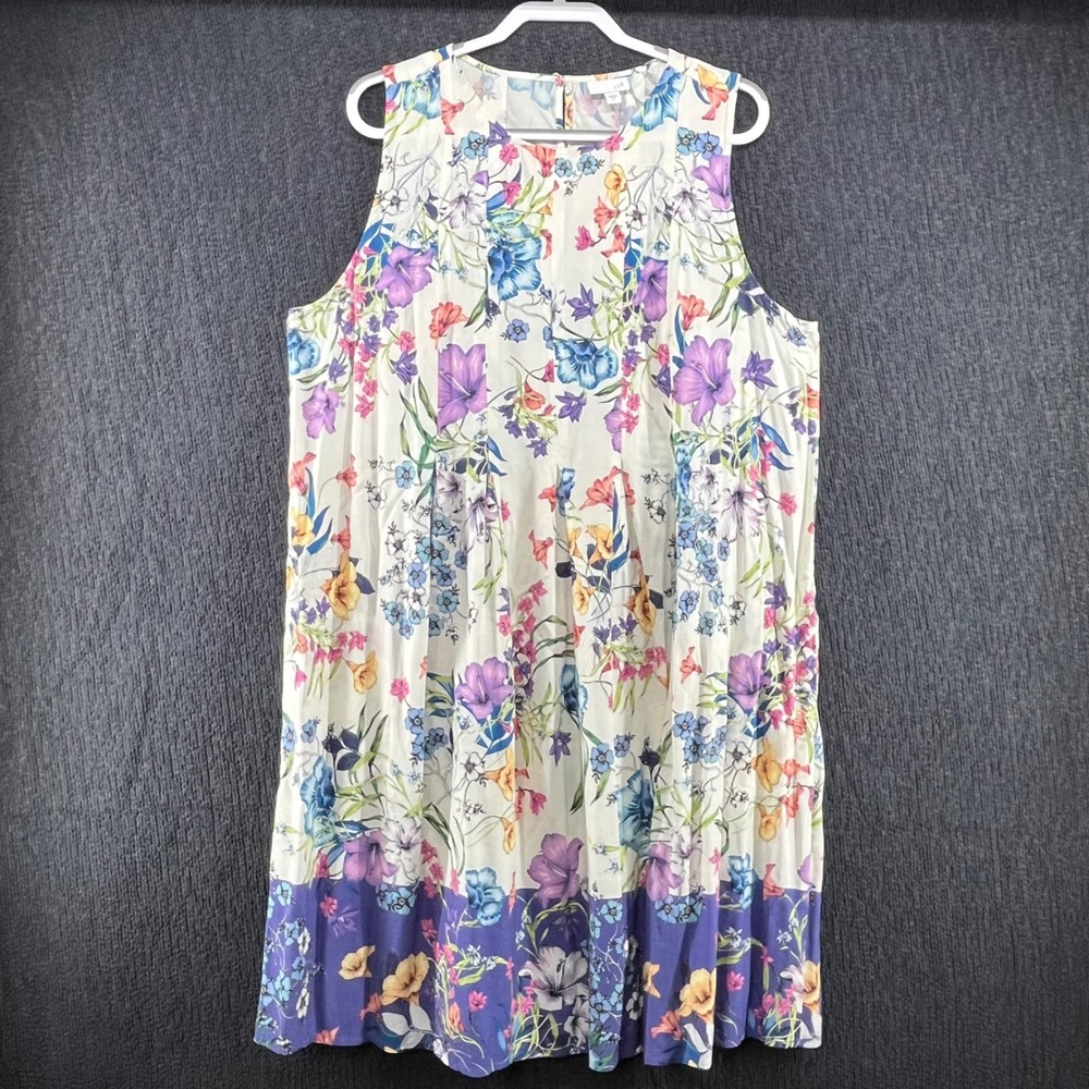 J. Jill Women XL Floral Rayon Sleeveless Pleated Midi Dress with Pockets Purple